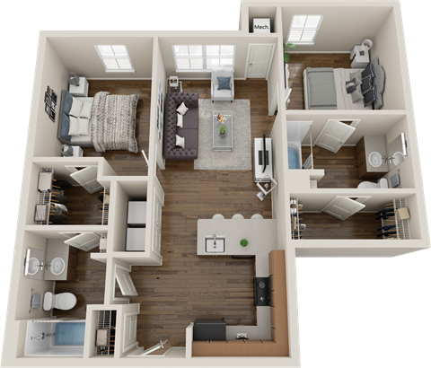 Floor plan for 2 beds, 2 baths, 902 sqft